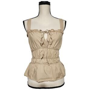 Top Shop Cotton Kahki Peplum Ruched Smocked Tiered Ruffle Fairy Top Size Small